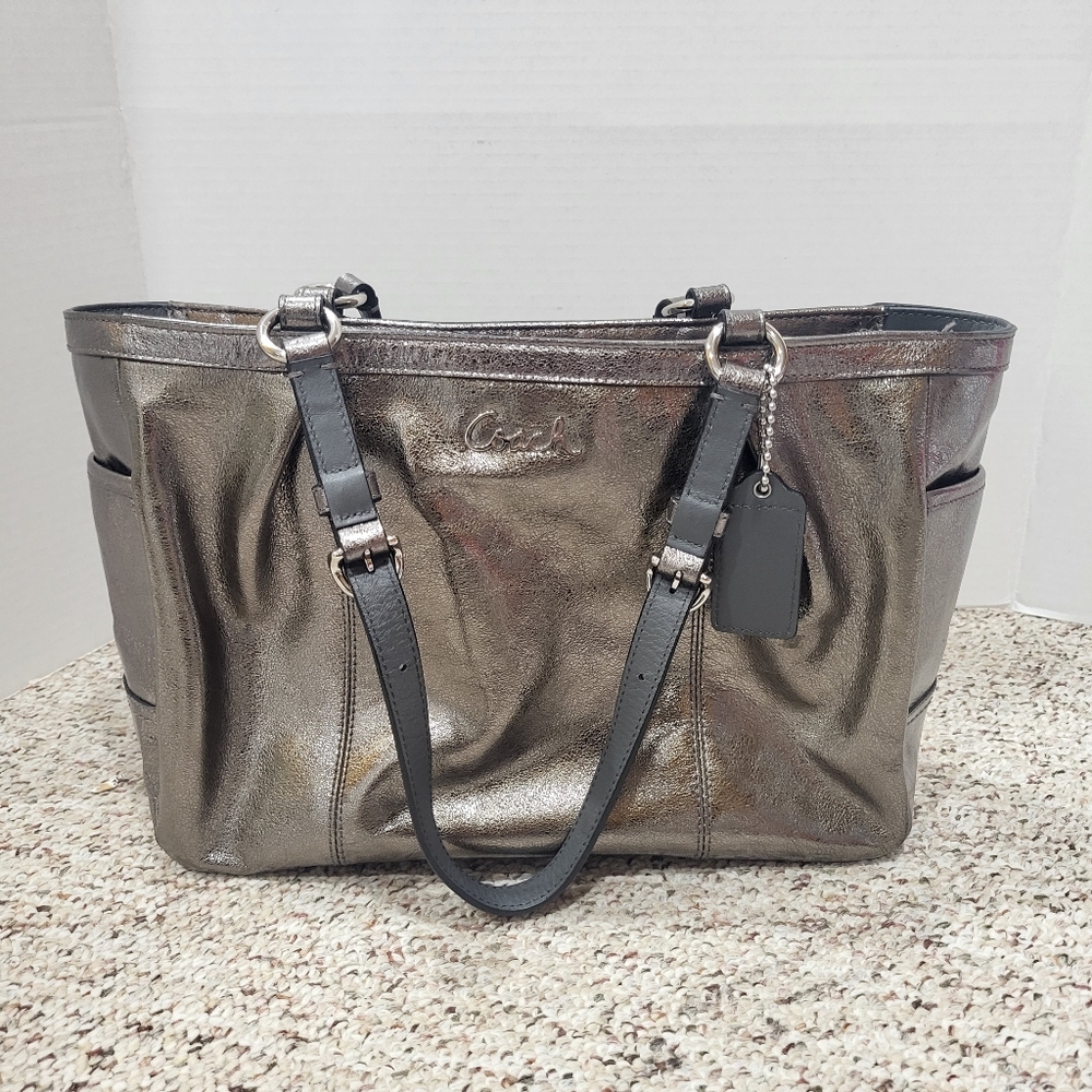 Coach Metallic Silver Gray Leather Handbag Zipper Tote Shoulder Bag - Picture 1 of 14